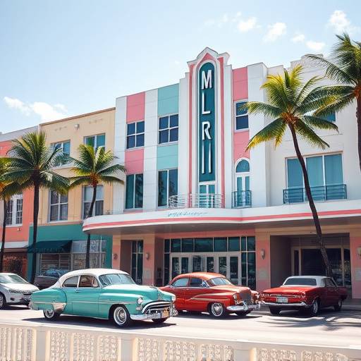 Classic Art Deco architecture of Miami Beach, Florida, USA, featuring pastel colors and vintage cars.
