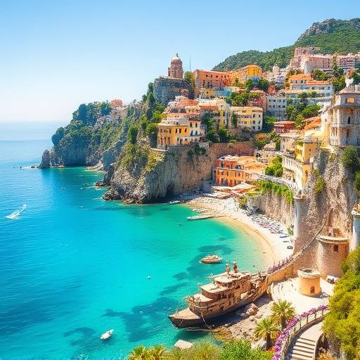 Dramatic cliffs and turquoise waters of the Amalfi Coast, Italy.