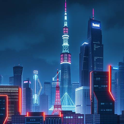 Futuristic cityscape of Tokyo, Japan with neon lights and towering skyscrapers at night.