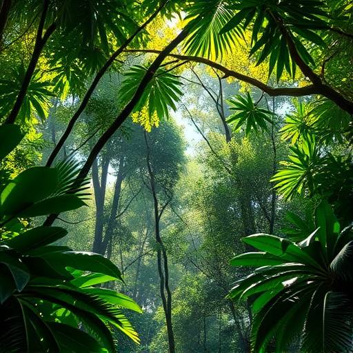 Lush green rainforest canopy in the Amazon, Brazil.