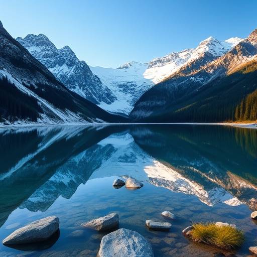 Majestic snow-capped mountains reflecting in a crystal clear alpine lake, Banff National Park, Canada.