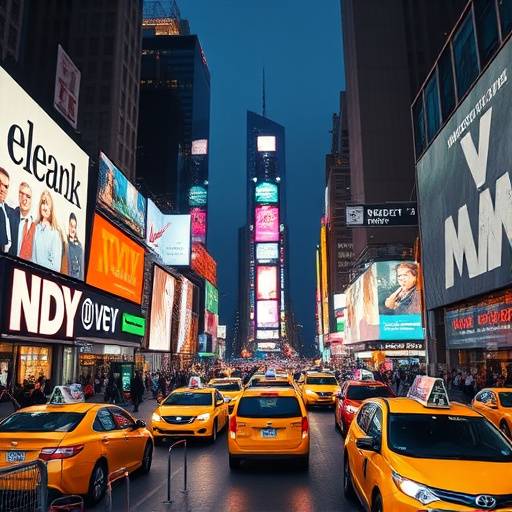 Panoramic view of the bustling Times Square in New York City at night, illuminated by bright billboards and yellow taxi cabs.
