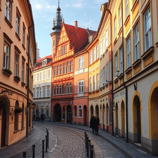 Picturesque cobblestone streets and colorful buildings in the Old Town of Prague, Czech Republic.