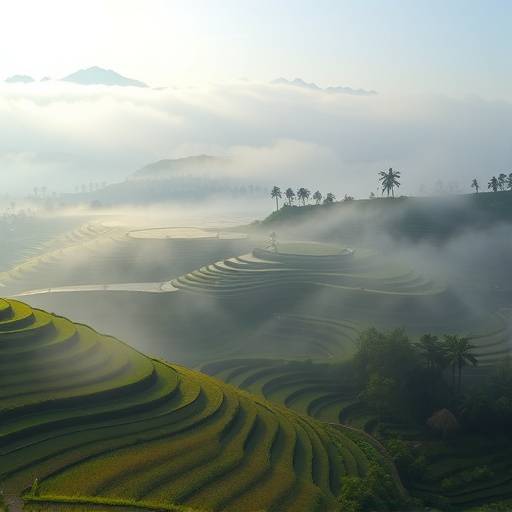 Serene rice terraces of Bali, Indonesia under a misty morning sky.
