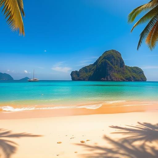 Serene view of a golden sandy beach with turquoise water and palm trees, Ko Phi Phi, Thailand.