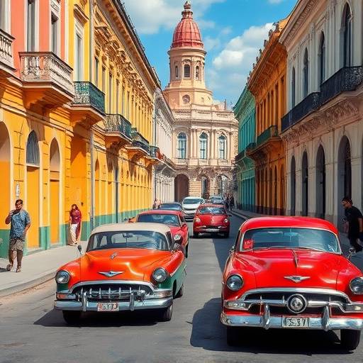 The colorful and vibrant streets of Havana, Cuba, featuring classic cars and colonial buildings.