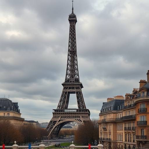 The towering Eiffel Tower and Parisian architecture in Paris, France on a cloudy day.